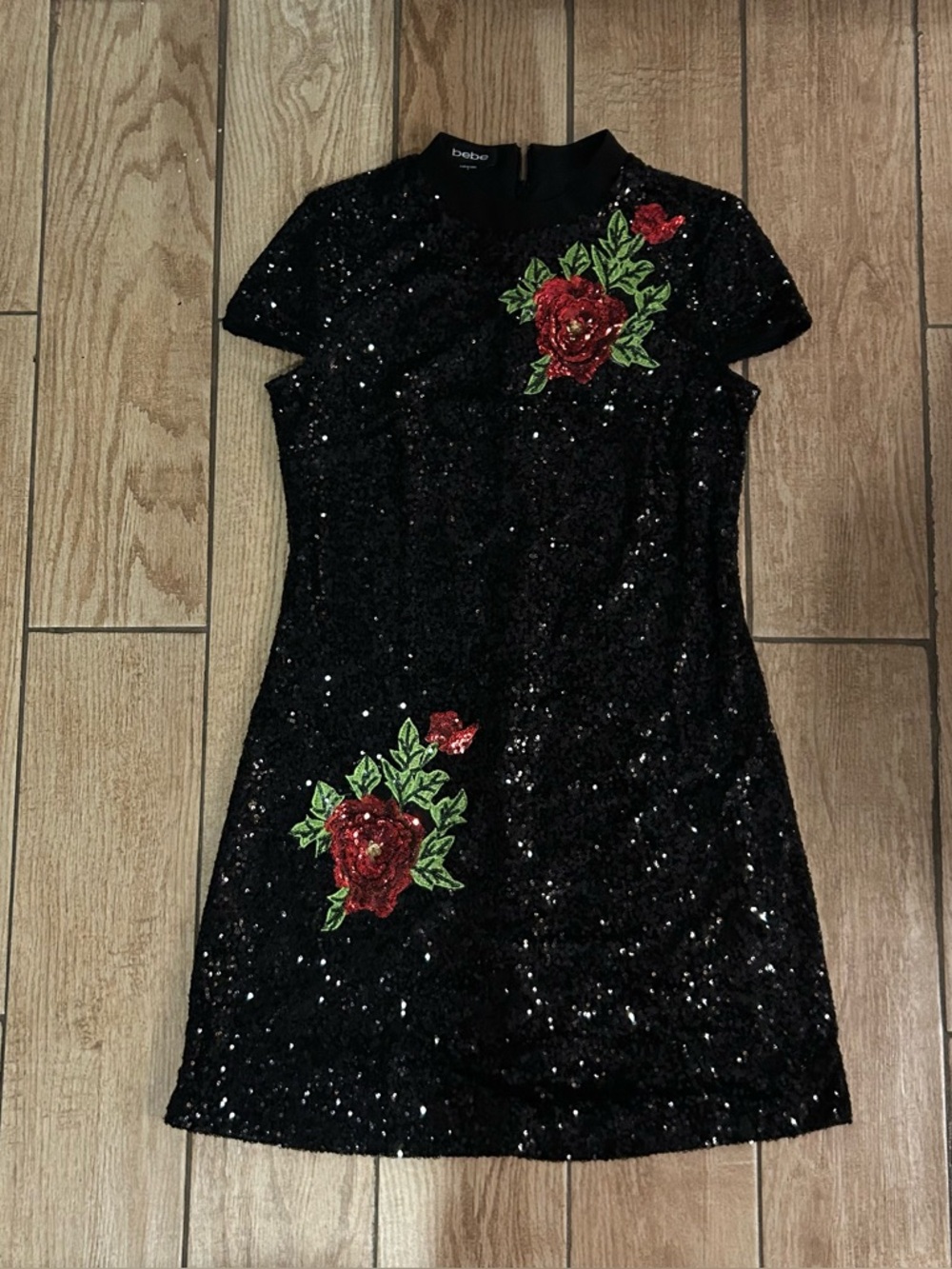 bebe Black Sequin Mini Dress with Red Rose Embroidery